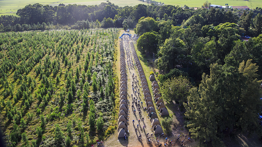 Aerial view of riders on a forest road