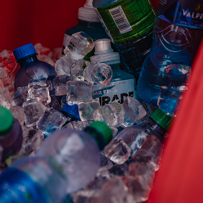 Iced water bottles at a PE PLETT water point