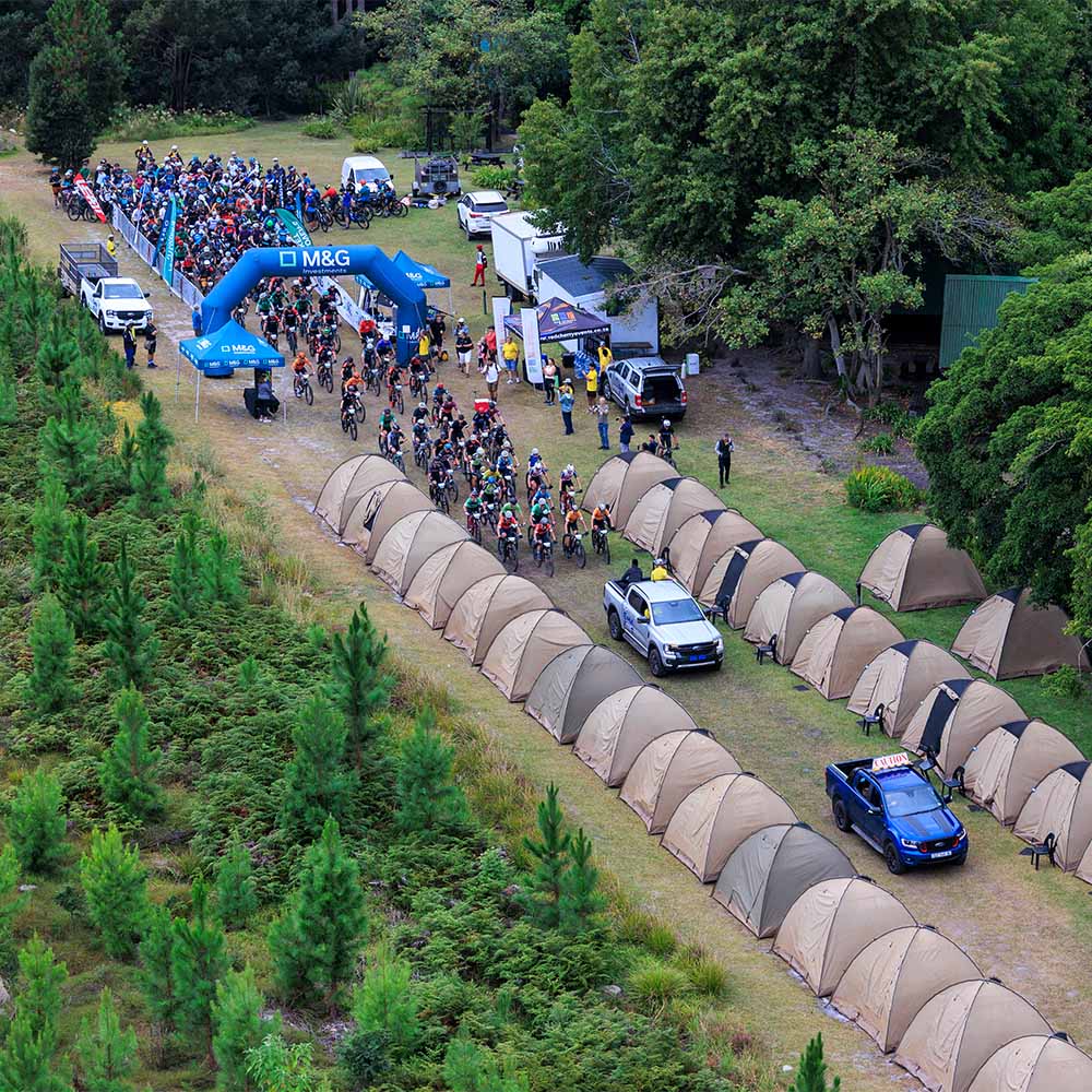 Aerial view of the tented race village and start chute